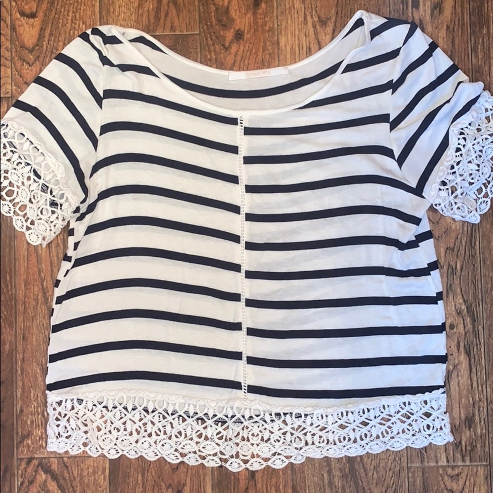 Navy blue striped lace detailed top